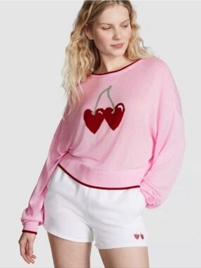 PINK Victoria's Secret Light Pink Crewneck Sweater with Red Cherry Graphic